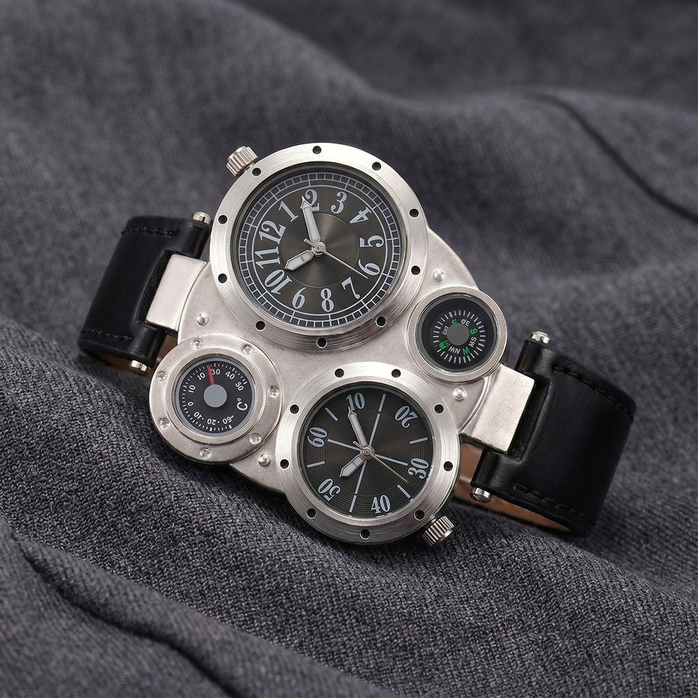 PU Leather Strap Dual Time Zone Watch Leather Strap Quartz Watch Big Face Watches  Male