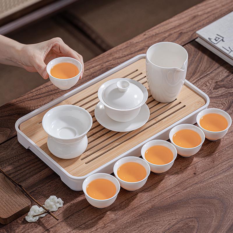 Jade White Porcelain Camping Travel Gongfu Tea Set with Tea Tray