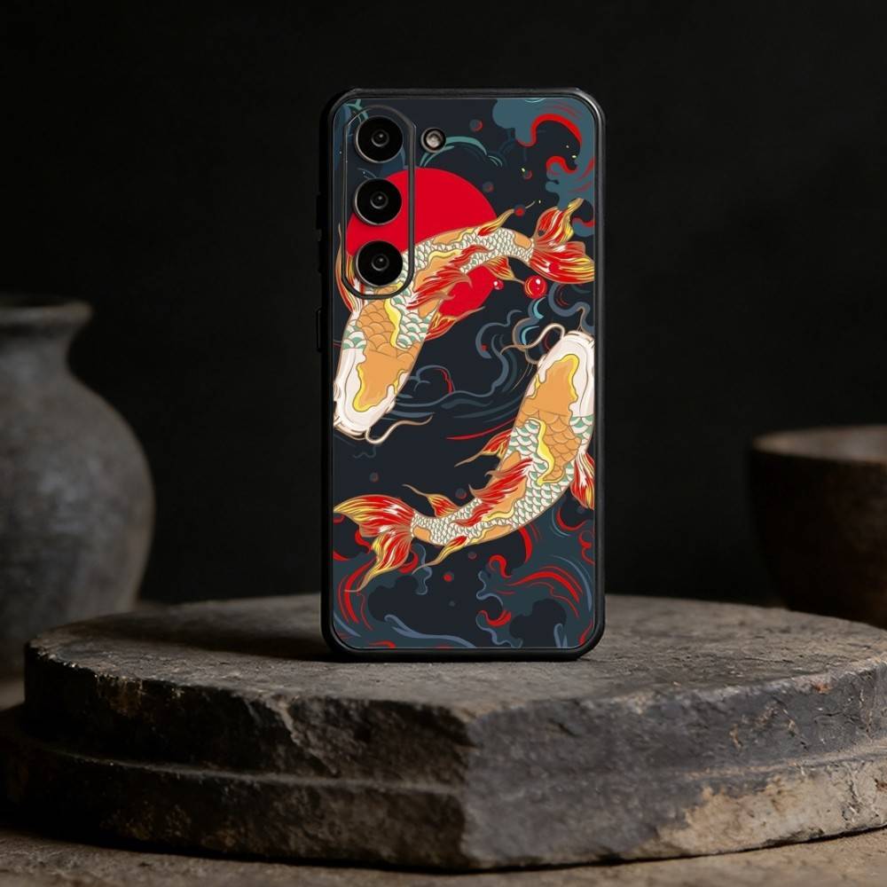 Coque de téléphone Art Poisson Carpe Koi Yin Yang Pour Samsung Galaxy A13,21s,22,31,32,52,53,71,72,73, Housse Noire Souple