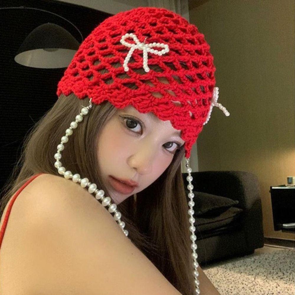 Bohemian Style Crochet Knitted Hat Hollow Out Weave Cap Cute Bow Pearl Beanies  Girls