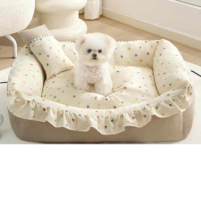 Strawberry Print Ruffle Princess Bed Teddy Bear Sleeping Sofa Four Seasons Universal Pet Supplies Soft Wrap Deep Sleep Small and Medium-sized Dogs