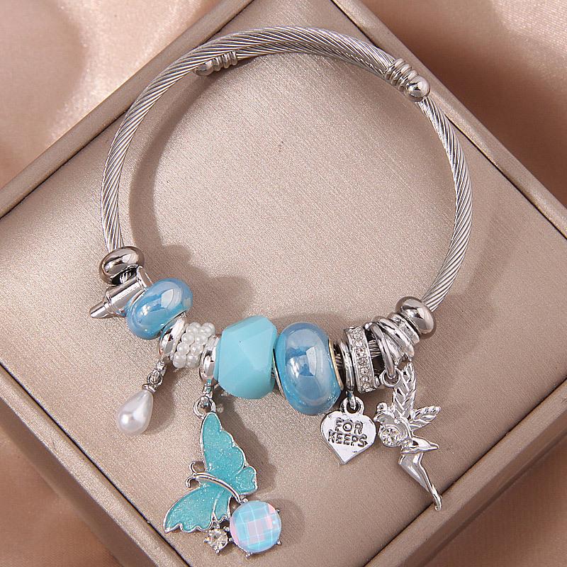 Модный Многоэлементный Металлический Браслет Ангельское Сердце и Бабочка светло-синий