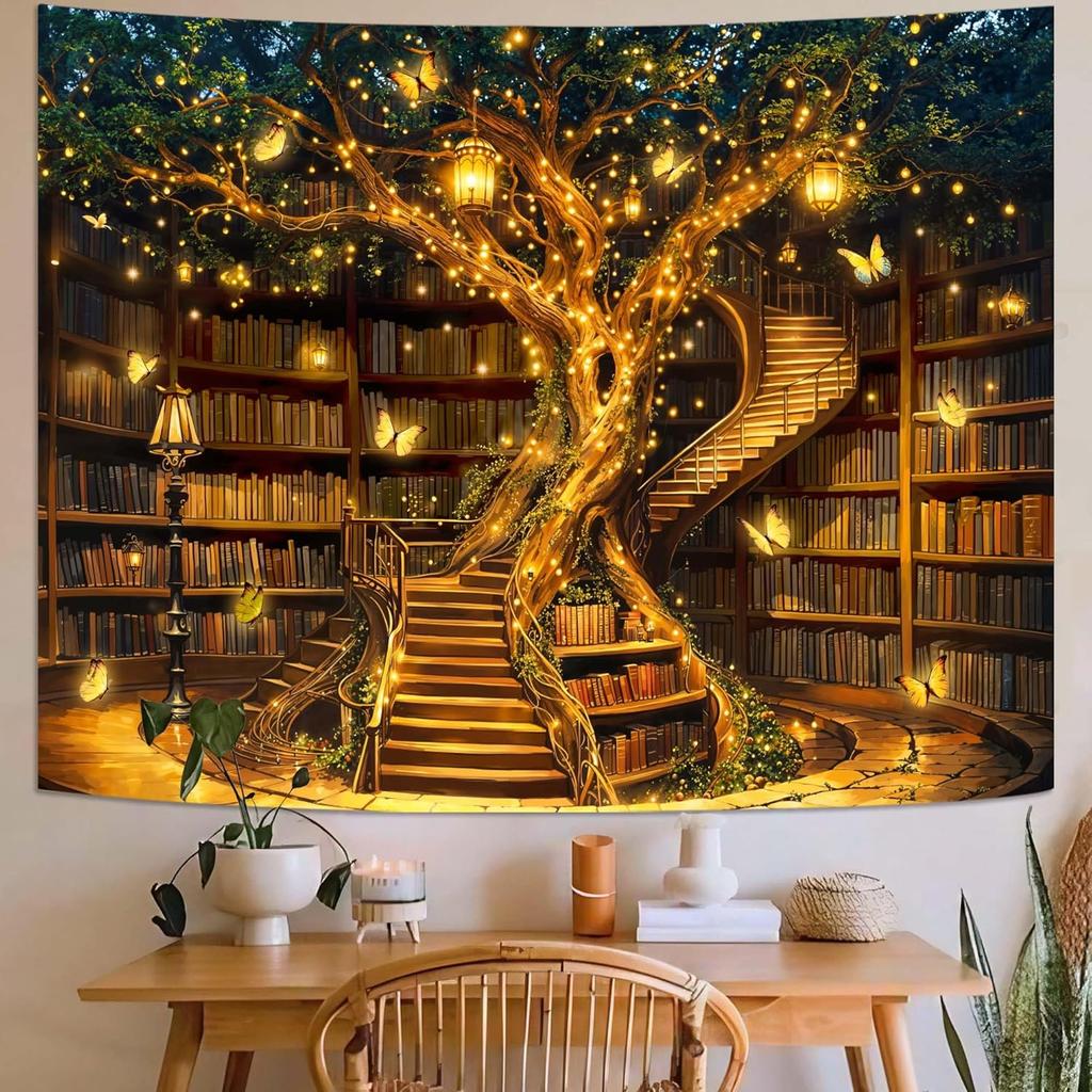 Spenlife Magical Library Tree Of Life Wall Tapestry, Fantasy Bookshelf Tree Tapestries For Room Decor, Enchanted Tapestry