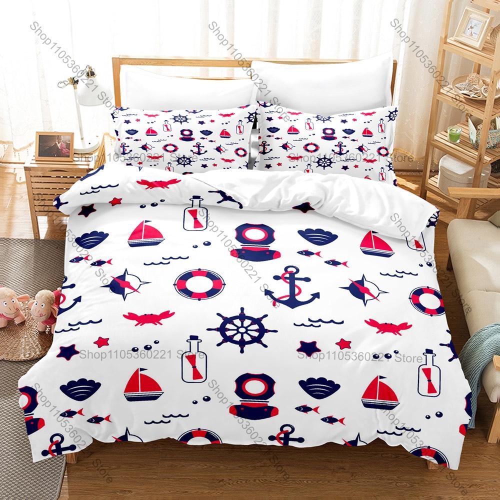 Navy Blue Anchor Theme Bedding Set 3 Pieces Marine Sailor Style Quilt Cover Set Twin Full Queen King Size Bed Linen