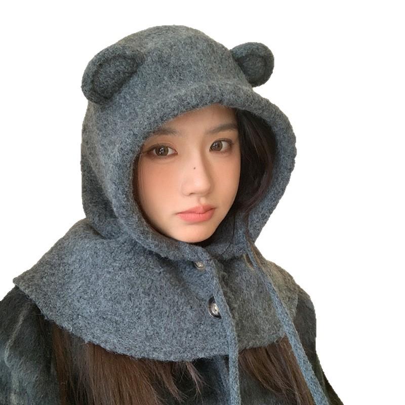 Balaclava hat autumn and winter hat women's thermal wool hat bear ears scarf integrated knitted hat