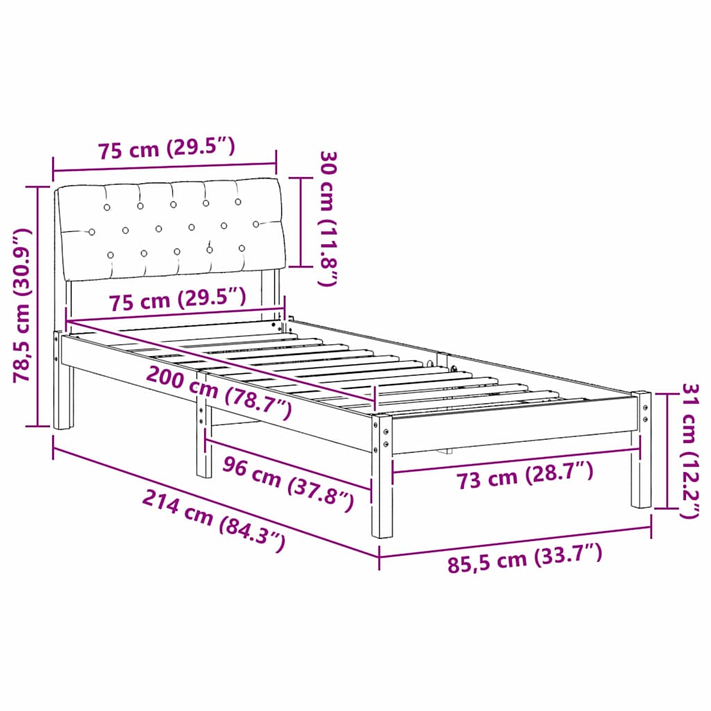 Brown and Dark Gray Bed Frame 75 x 190 cm Solid Pine Wood