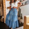 Women's High Waist Tiered Denim Skirt A Line Midi Skirt Boho Casual Button Front Ruffled Long Skirt