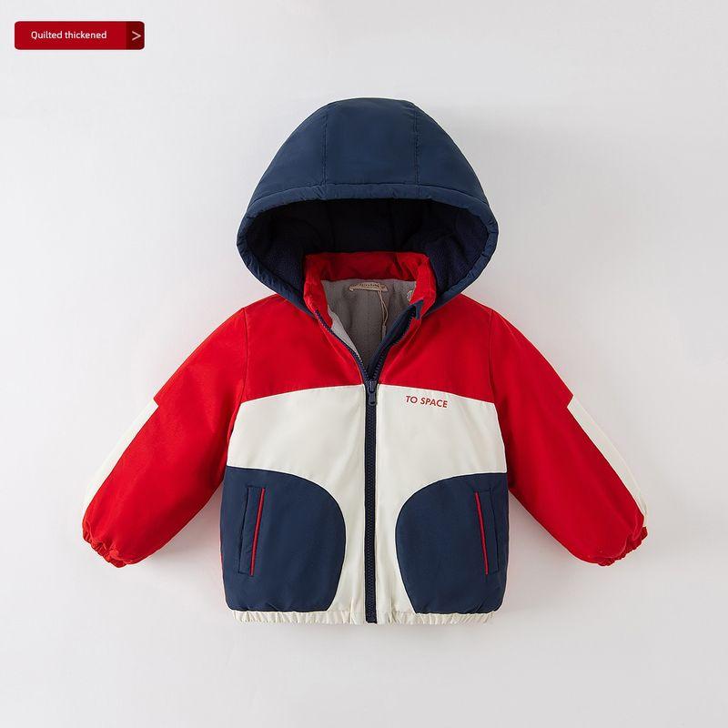 Детская велюровая куртка с капюшоном Dave & Bella Осень-Зима Red [Quilted Thickened Model] [Ready Stock] 130