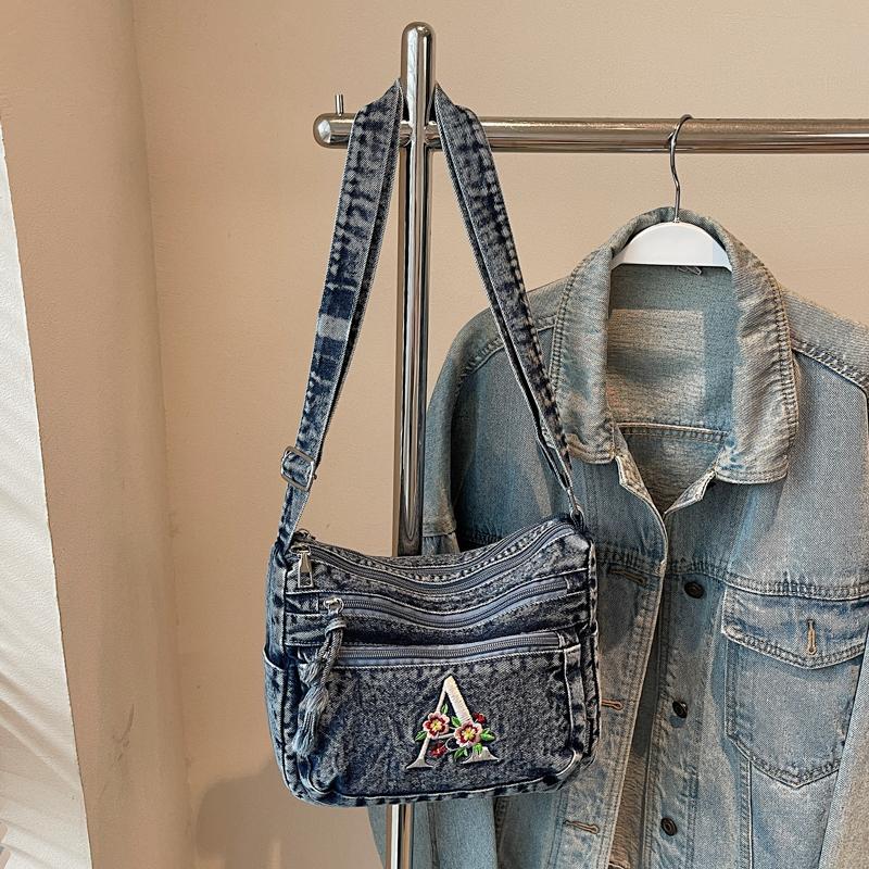 Multi-layer Denim Bag Vintage Shoulder Bag Women's Embroidered Crossbody Bag
