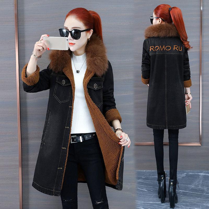 

Потовщена флокована джинсова куртка. Жіноча осінь-зима. Довга джинсова парка. Джинсовий тренч із літерами та хутряним коміром. XL чорний