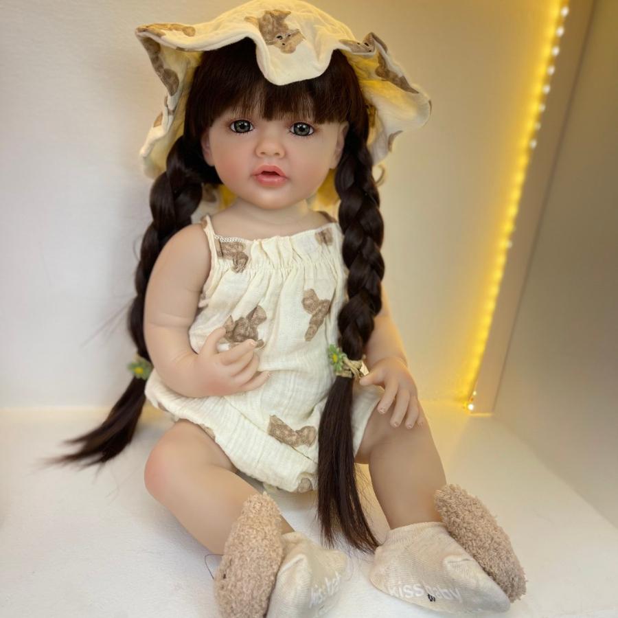 BZDOLL 55 CM 22 Inch Realistic Full Vinyl Body Brown Long Hair Lifelike Reborn Baby Girl Doll Toy Princess Toddler Bebe