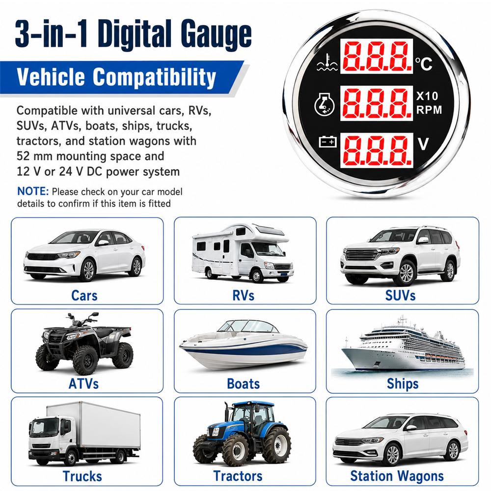 52mm 12V24V 0-120 C Car 3 IN 1 Gauge Water Temperature +Oil Pressure +Voltmeter with Alarm Red LED Digital Water Temp Gauge