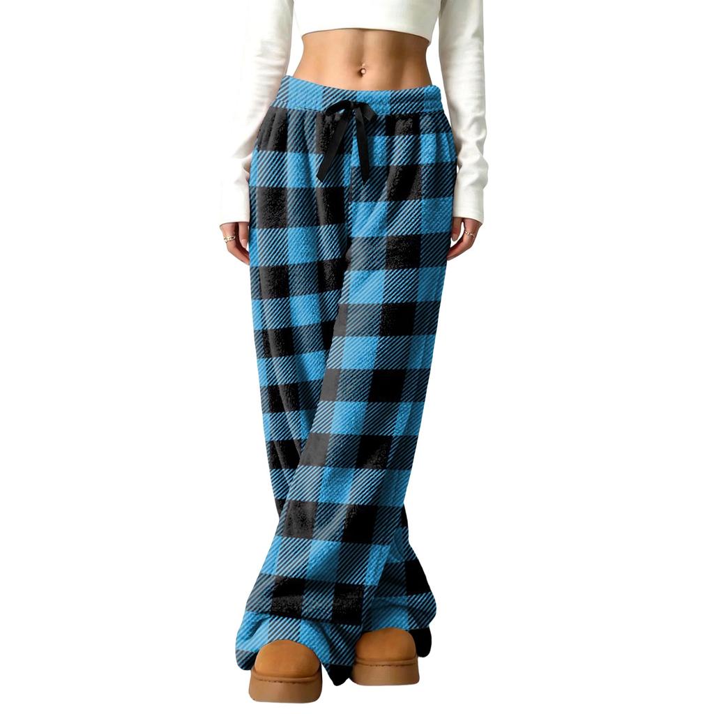 Women's Casual Plaid Print -Lined Wide Leg Pants with Elastic Waist, Loose Fit Trousers for Fall Winter