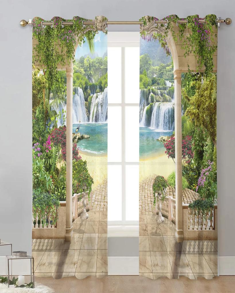 Landscape Garden Scenery Chiffon Sheer Curtains for Living Room Bedroom Home Decoration Window Voiles Tulle Drapes Curtain