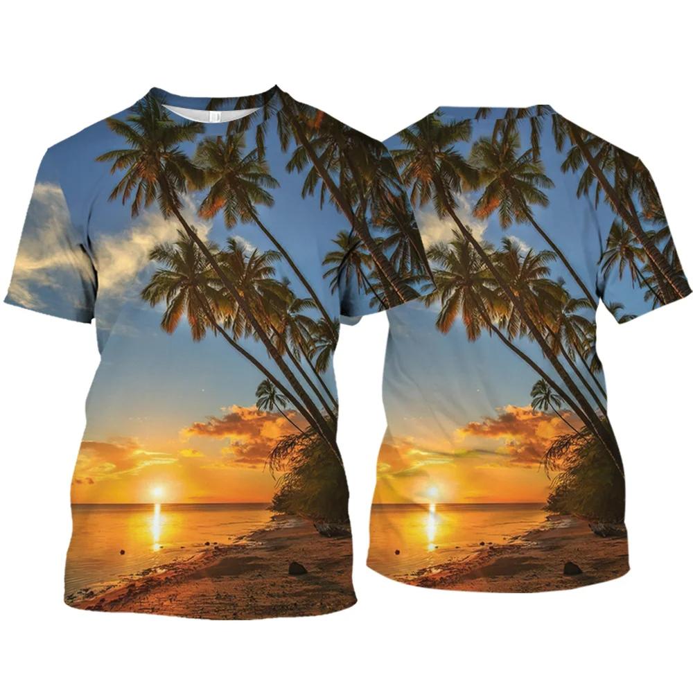 Hawaii Coconut Tree Graphic T Shirts Hawaiian View 3D Printed T Shirt For Men Clothes Harajuku Fashion Women Tshirt Vacation Top