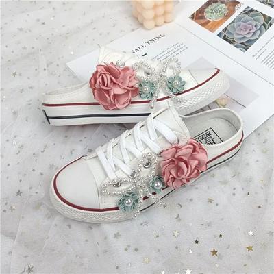 Fashion Round Toe Platform Shoes Flat Walking Beach Slip On Sneakers Casual Slippers Flowers Beads Shoes for Women Zapatillas De Mujer