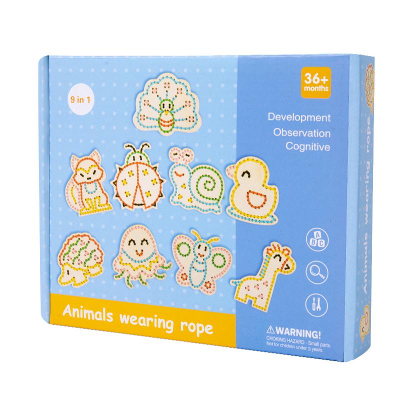 Wooden Montessori Teaching Aid Animals Wearing Rope Games Children's Early Education Thinking Training Board Educational Toys