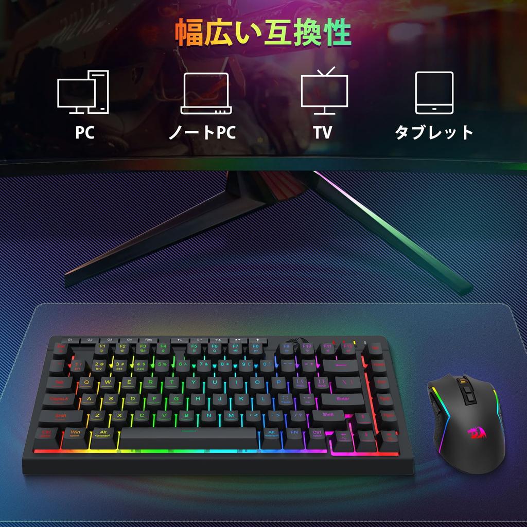 Redragon Wireless Gaming Keyboard and Mouse Set, 3-Mode Connection, BT2.4GUSB-C Wired, 75% English Layout, Quiet Tenkeyless Membrane, 12800DPI Mouse,