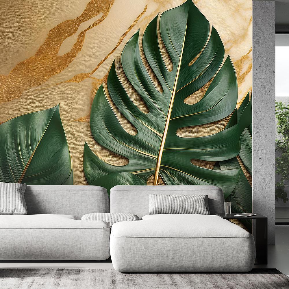 Wallpaper Green Leaves On Marble Background