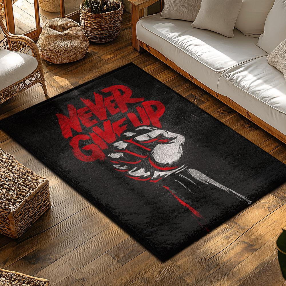 NEVER GIVE UP Motivational Rug, Red Fist Black Carpet for Living Room, Soft Non-Slip Sofa Mat with Inspirational Decor