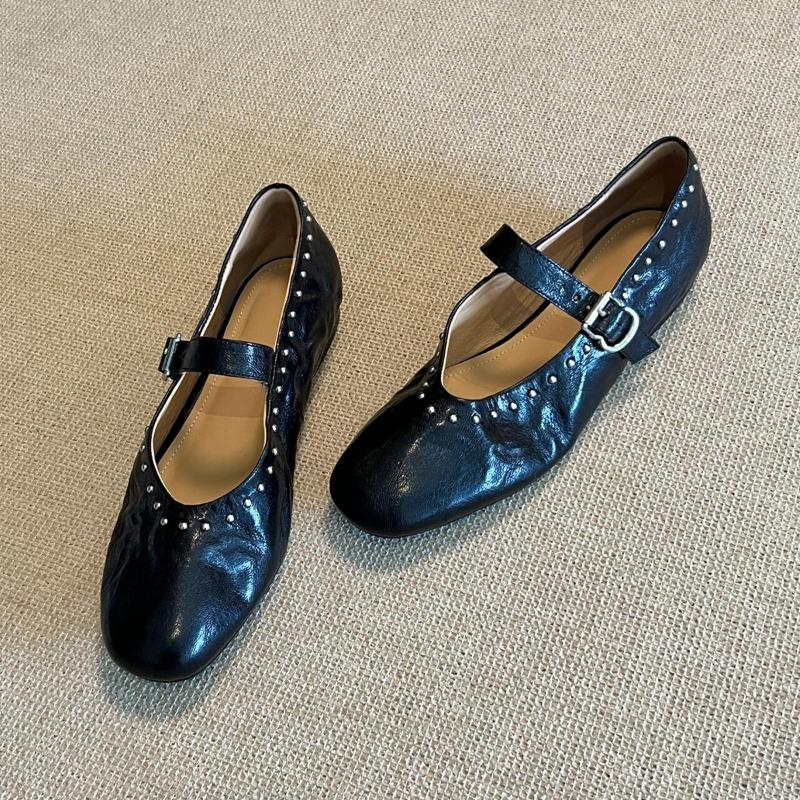 Vintage Leather Round Head Shallow Mouth Mary Jane Shoes Women's Versatile Flat Bottom Rivets One Word with Commuter Shoes