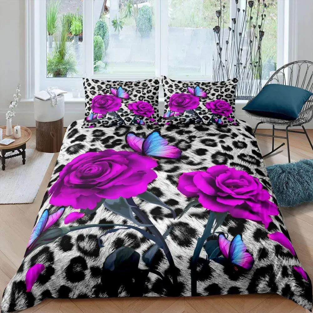 Purple Rose King Queen Duvet Cover Beautiful Butterflies Flowers Bedding Set For Teen Adults Floral 2/3Pcs Polyester Quilt Cover