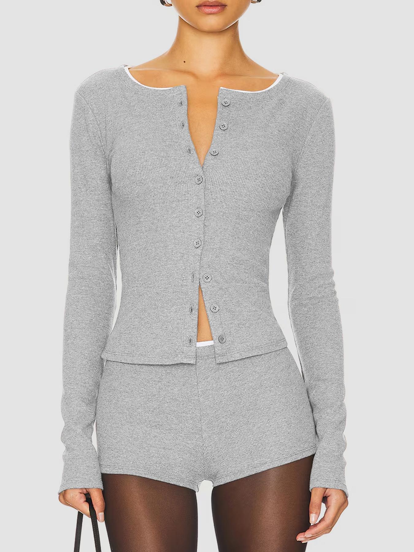 

European Style Ribbed Button-Front Long Sleeve Cardigan & Shorts Set Large серый