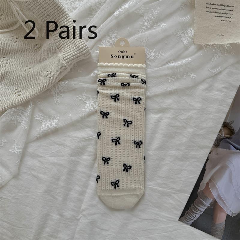 2 Pairs of Bow-knot Socks - Breathable Mesh Eyelets, Sweet Lace Piled-up Socks 2 pairs