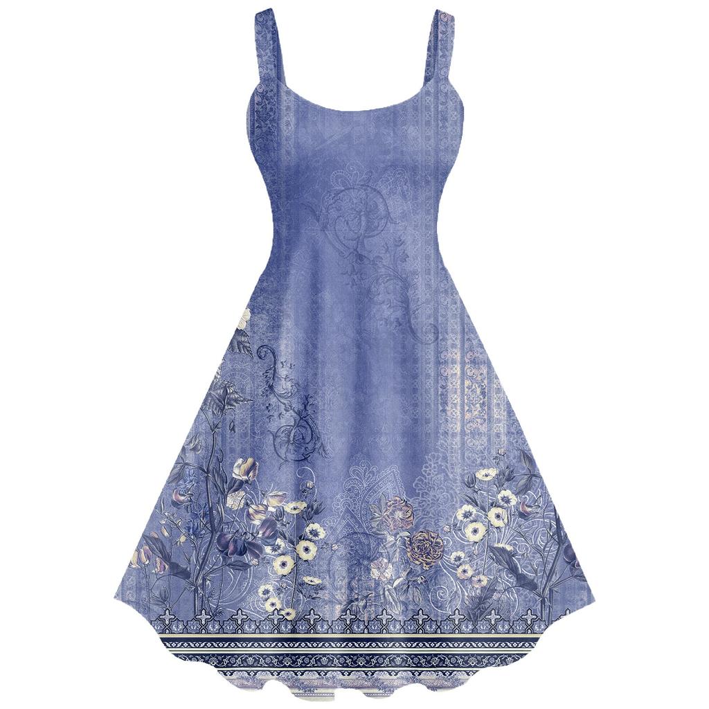 Women's Casual And Fashionable Print Sexy Suspender Retro Dress Big Swing Dress Dress