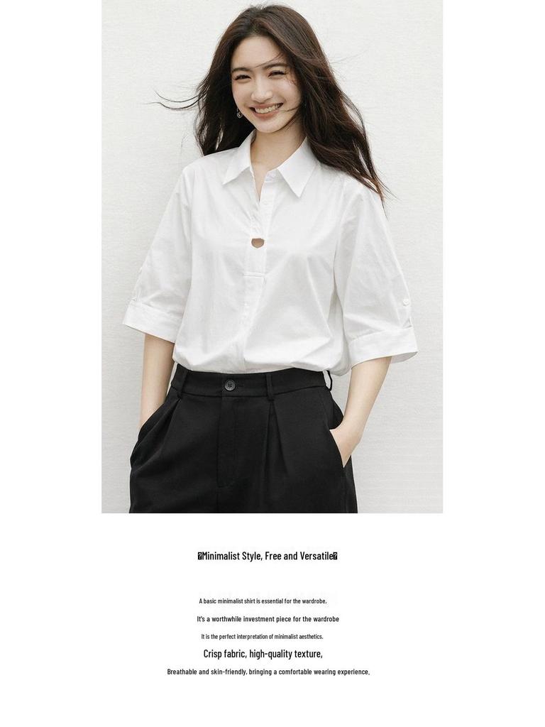 French Style Elegant White Five-Sleeve Women's Shirt - 2026 Spring Collection, Perfect for Petite Figures