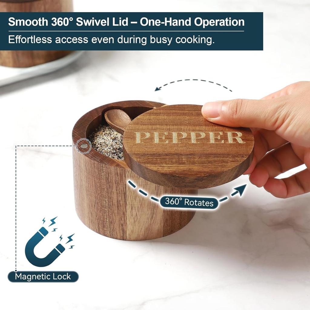 Bamboo Salt Cellar, 2 PCS Salt Container with Built-in Spoon, Salt Box Bowl with Magnetic Swivel Lid, Elegant Kitchen Salt Holder Saver Jar To Storage