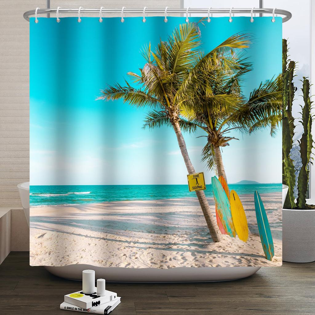 Summer Beach Sea Palm Tree Shower Curtain Tropical Surfboard 3d Waterproof Bathroom Curtain Decoration With Hooks Home Supplies