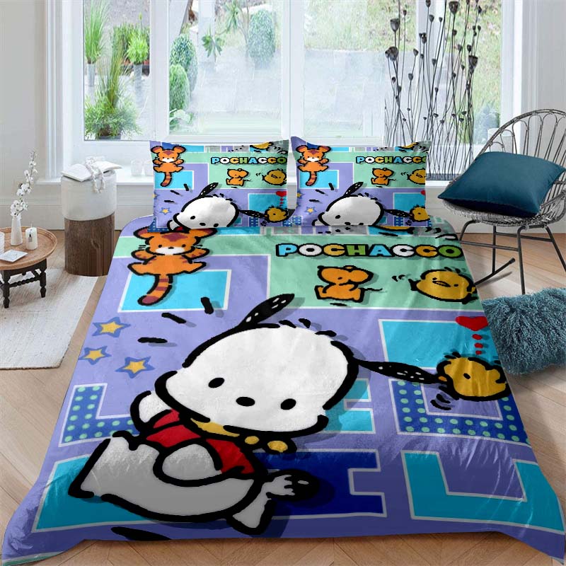 The new cartoon Pochacco dog themed three piece bedding set for 2026, including duvet covers and pillowcases, is the perfect cho