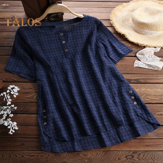 Women Summer Tops Short-Sleeved Round Neck Loose Fit Tee Shirt Buttons Neckline Irregular Hem Solid Color Thin T-shirt