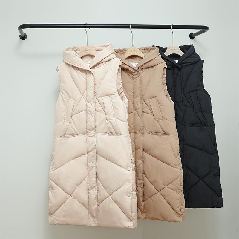 Autumn and Winter Women's Solid Color Hooded Loose Mid-length Windproof Warm Vest Sleeveless Women's Jacket