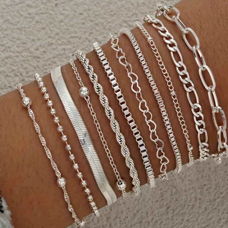 11 Pcs/Set Chic Snake Chain Bracelet Set for Women Boho Simple Elegant Heart Geometric Chain Vacation Date Casual Jewelry Gifts