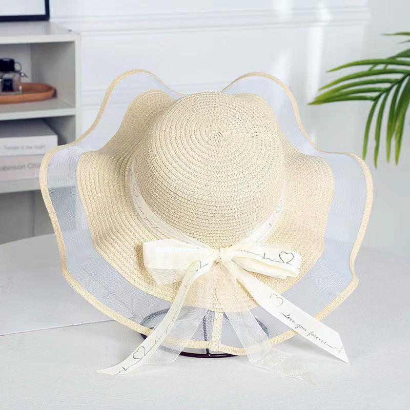 Fashion Flat-Topped Straw Hats Girls Wide Brim Sun Hat Outdoor Lace Bow Strap Lightweight Uv Protection Beach Cap