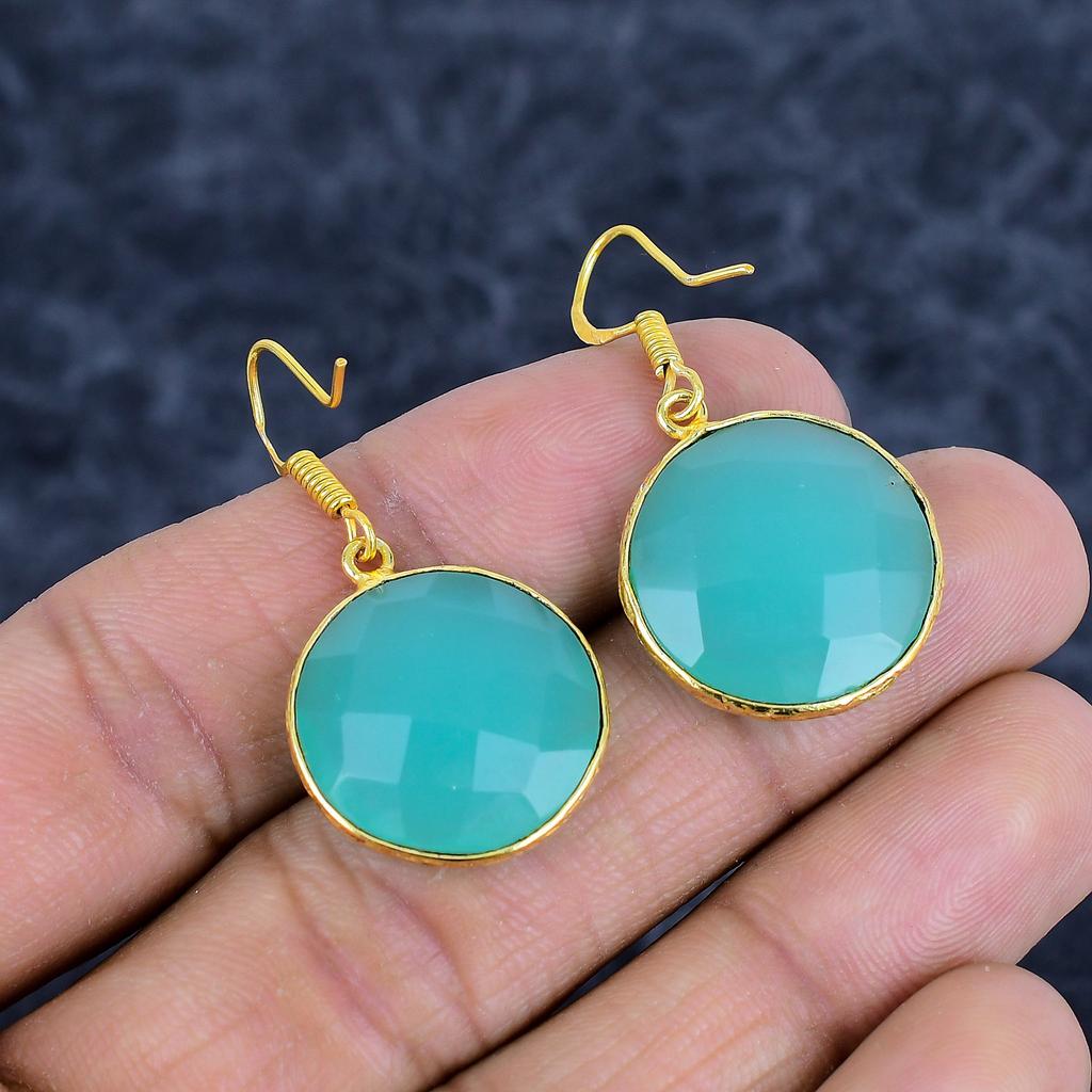 Green Chalcedony Gemstone Handmade 925Sterling Silver Jewelry Earring 1.58" M-3163