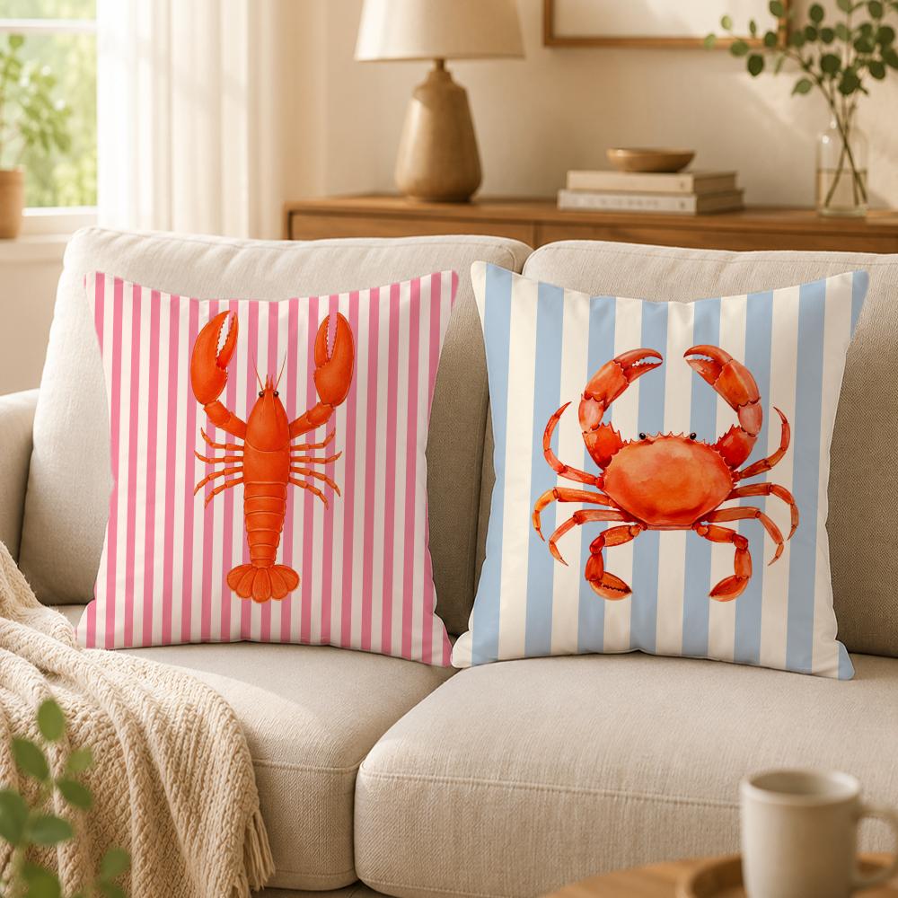 Ocean Life Theme Striped Cushion Cover Double-Sided Printed Pillow Cover Hypoallergenic Dust-Mite Proof