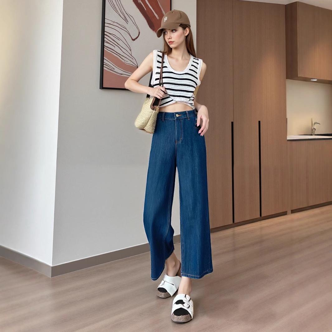 

Petite Women s Blue Retro High-Waist Wide-Leg Cropped Jeans, Summer 2025 Four-Way Stretch Size 30