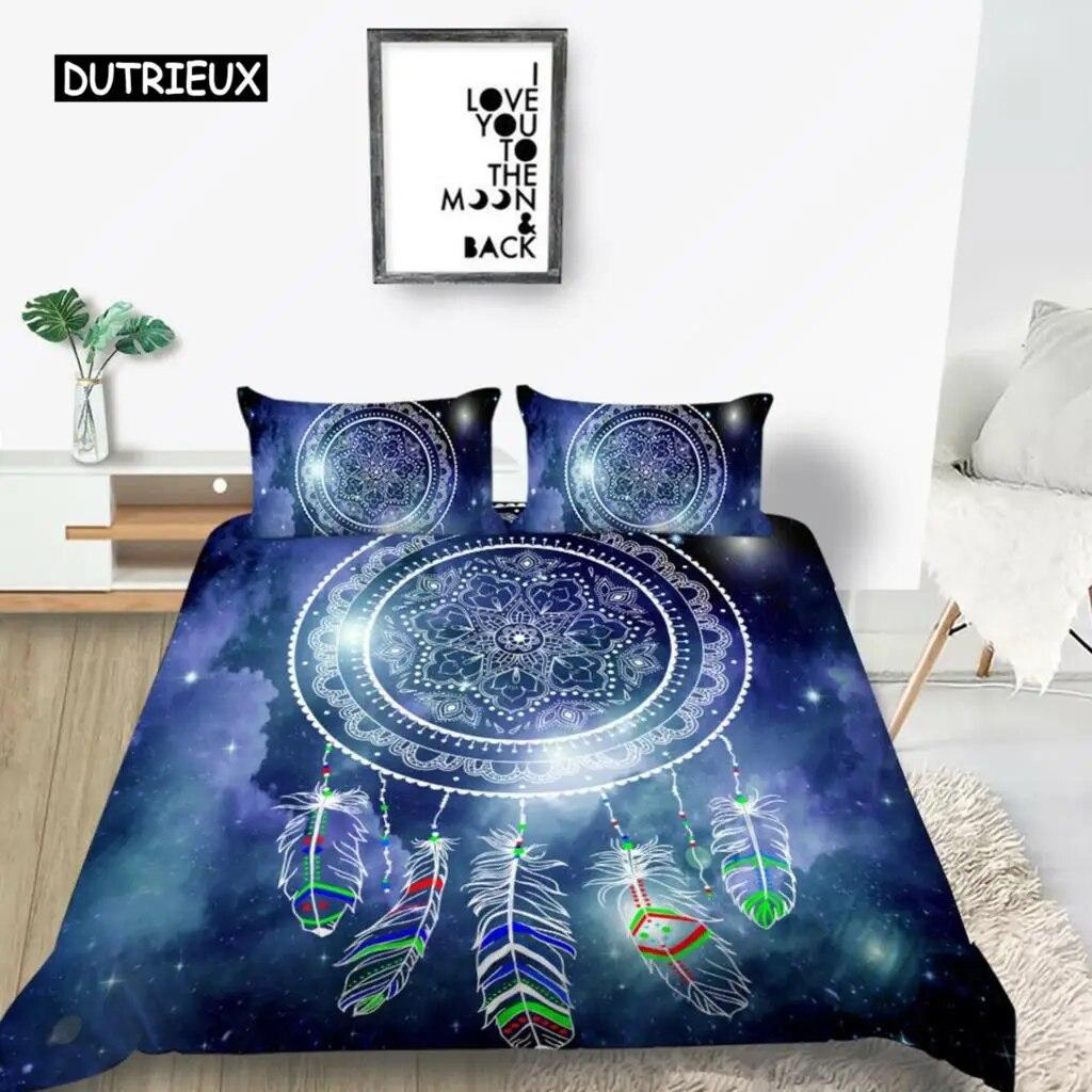 Dream Catcher Duvet Cover Set Kids Bohemian Mandala Boho Chic Feather Bedding Set Full Size Tie Dye Purple Polyester Duvet Cover three-piece set