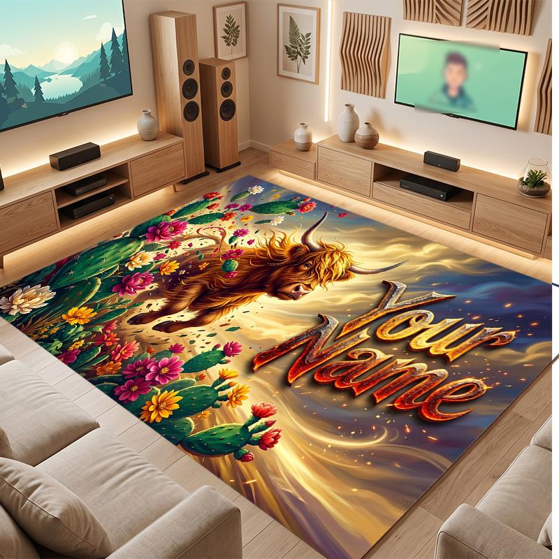 Highland Cow Theme Soft Crystal Velvet Rug Custom Name & Text Print Non Slip Floor Rug for Bedroom Living Room