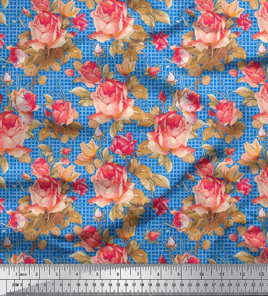 Soimoi Japan Crepe Satin Stoff Sjekk, Blader & Rose Blomstertrykk Sy Stoff meter 42 tommer