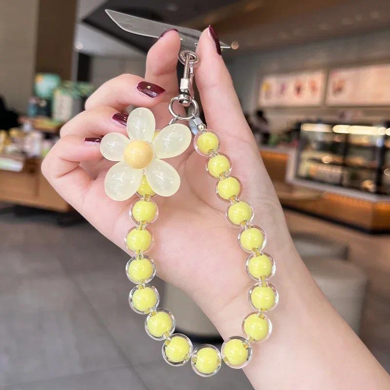 Mobile Phone Lanyard Wrist Rope Handmade Bead Colorful Macaron Round Bead Decoration Phone Case Anti Loss Lanyards Phone Charms