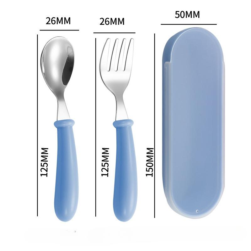 Stainless Steel Children's Spoon and Fork Set, Three-Piece Set Baby Tableware Maternity Gift Round Handle Spoon and Fork