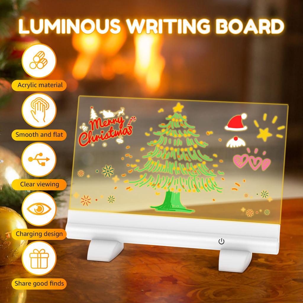 LED Luminous Drawing Board Erasable Light-Up Doodle Pad Kid Painting Toys Acrylic Note Board Memo Board with Stand and 7 Markers