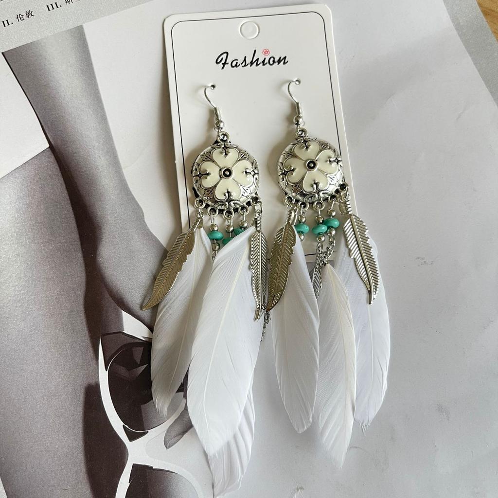 Vintage Bohemian Feather Tassel Earrings Exaggerated Ethnic Vacation Dangle Ear Jewelry Fashion Accessories For Women