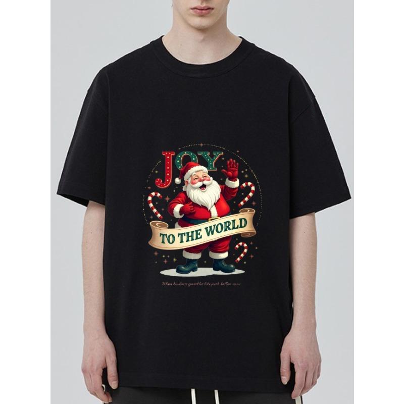 Christmas T Shirt Black Santa Claus Joy To The World Print Holiday Party Wear