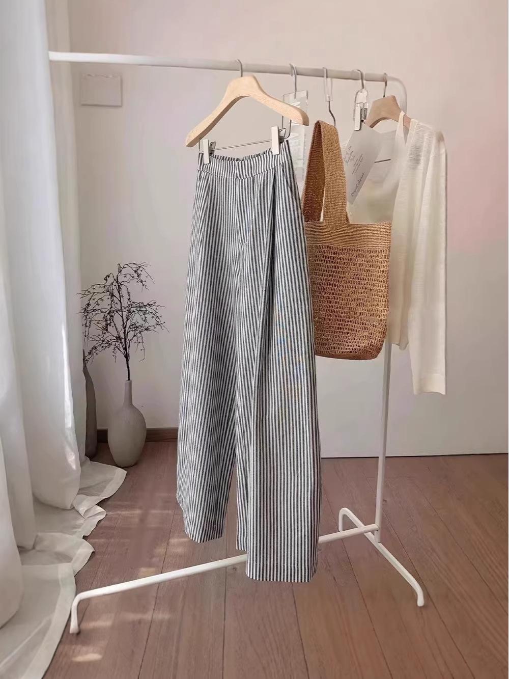 Japanese Striped Linen Pants: Women s Summer Casual, Loose, Versatile Wide-Leg Design Medium