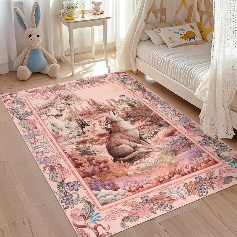 Vintage Animal Floral Pattern Living Room Carpet Foldable Machine Washable Rug Suitable for Sofa Coffee Table  Bedroom Floor Mat